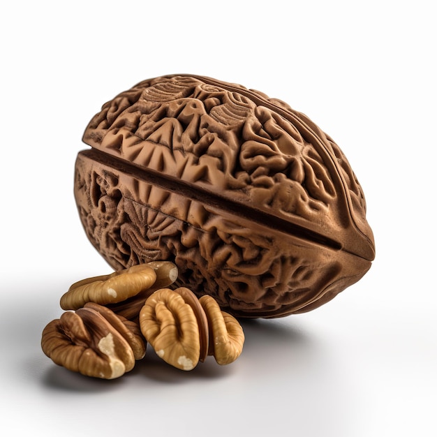 A photograph of single brown walnut on white background generative AI