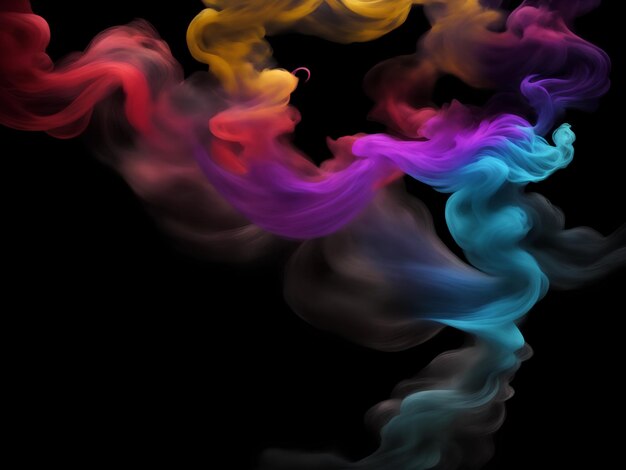 Photograph of a singular flowing colorful smoke stream in black background