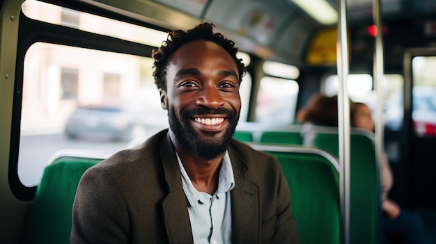 Photograph of a smiling man sitting in a trainbus Man traveling with public transport