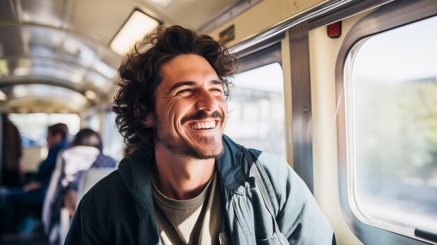 Photograph of a smiling man sitting in a trainbus Man traveling with public transport