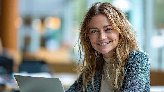 Photograph of smiling professional white english woman looking at laptop screen ar 169 style raw sty