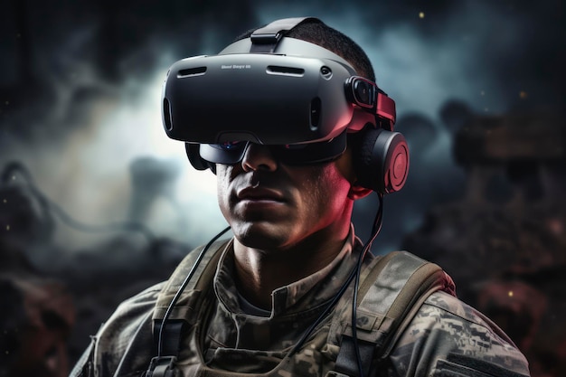 Photograph of a soldier wearing virtual reality goggles Military VR technology