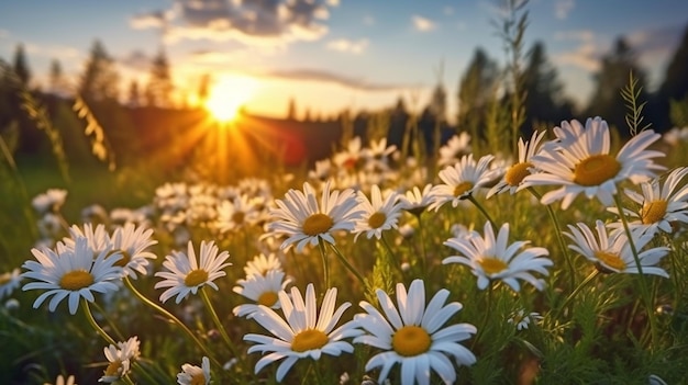 Photograph of a summer dawn over daisies in a landscape Meadow with spring daisies in bloom GENERATE AI