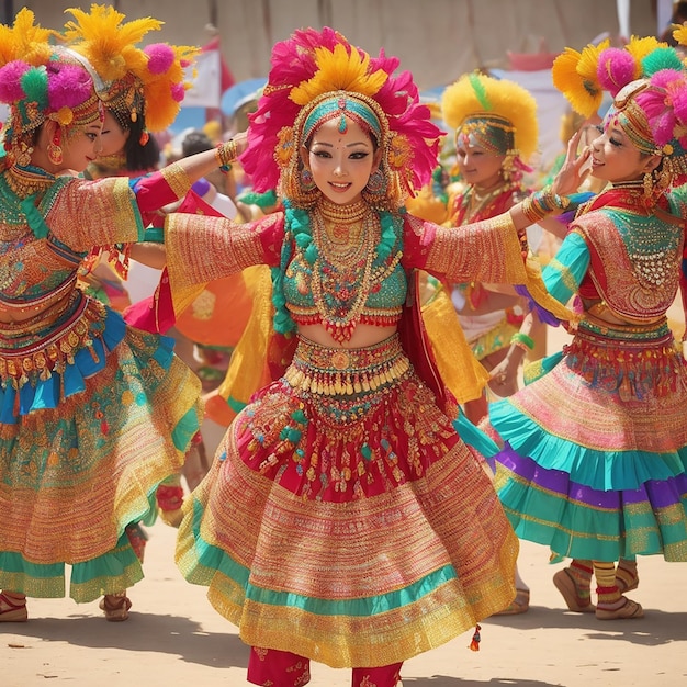 A Photograph taken during a vibrant cultural festival Colorful costumes intricate decorations