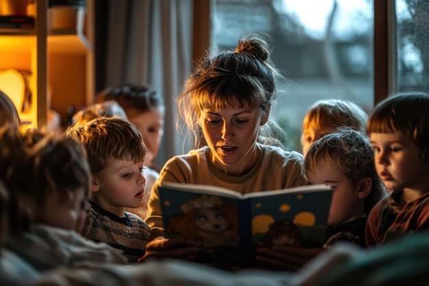 Photo a photograph of a teacher reading a story to a group of young children gathered around in a cozy corner