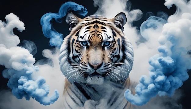 Photograph of a tiger with blue and white smoke