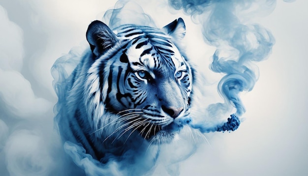 Photograph of a tiger with blue and white smoke