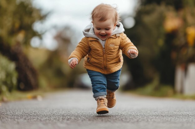 Photo a photograph of a toddler wearing shoes and trying to walk with playfulness and laughter in the background