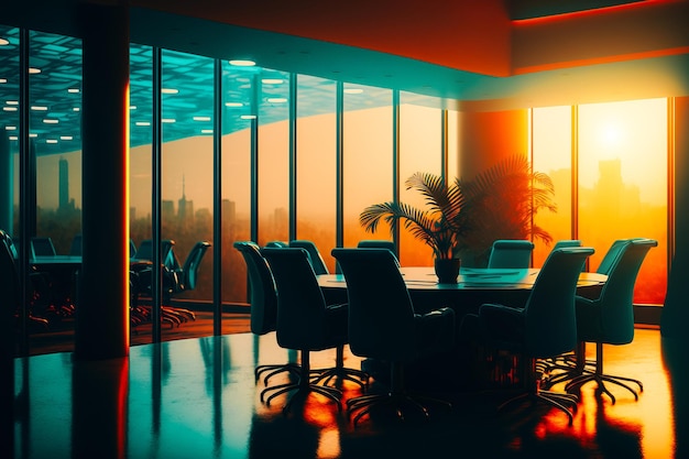 A photograph of a Turquoise conference room lit by the warm golden light