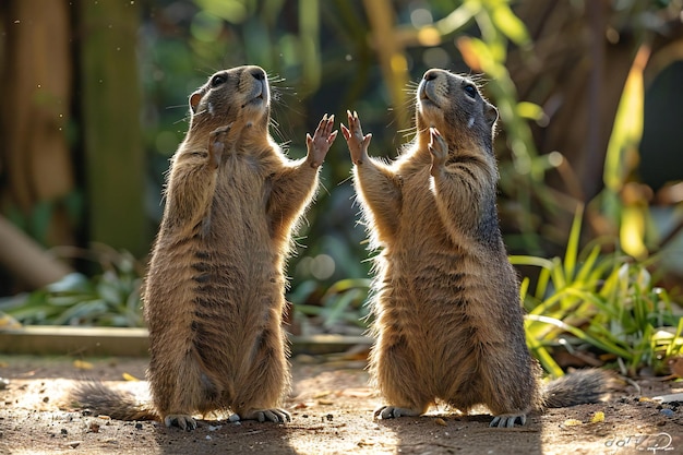 Photo photograph two marmots standing on their hind legs one of them is praying with his hands in the air