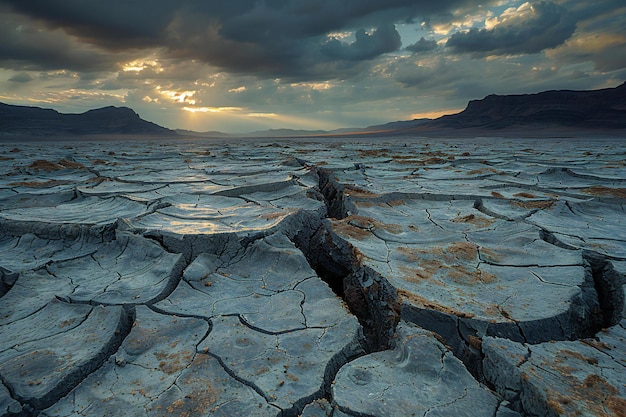 Photograph of a vast cracked desert landscape with a flat horizon symbolizing the effects of clima