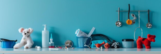 Photo photograph of a veterinary table equipped with essential accessories and colorful pet toys