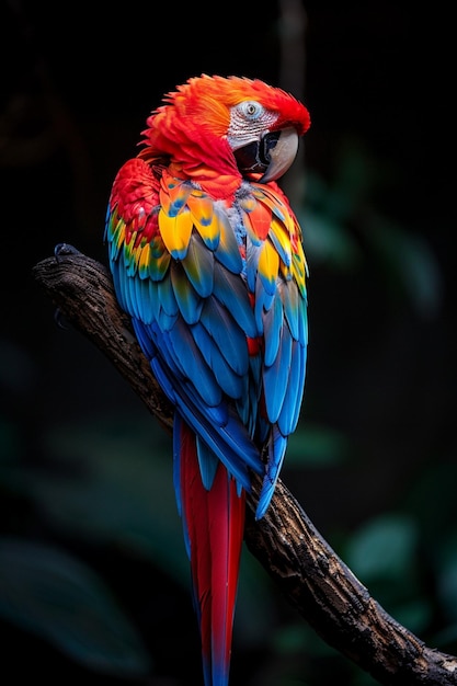 a photograph a vibrant parrot sat on a tree bran with a dark back ground