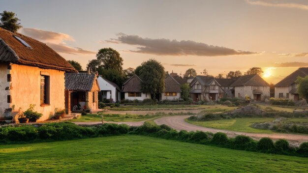 a photograph of a village in nature landscape sunset