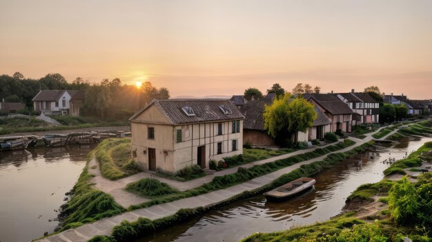 a photograph of a village in nature landscape sunset