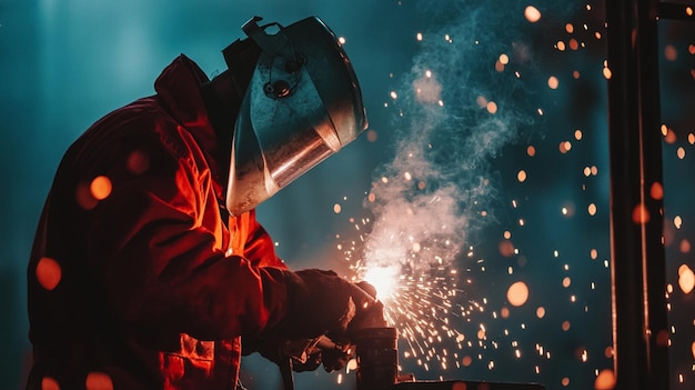 Photo photograph of a welder skillfully using a plasma cutter with sparks flying in a dynamic scene