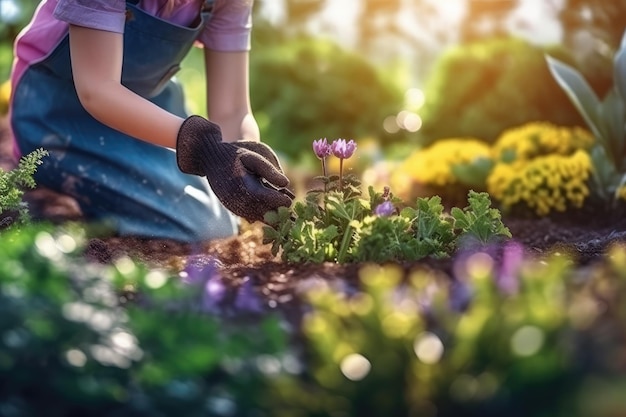 Photograph of a woman in garden gloves planting flowers to grow flowers in her garden Generative AI