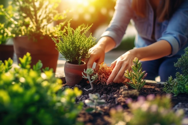 Photograph of a woman in garden gloves planting flowers to grow flowers in her garden Generative AI