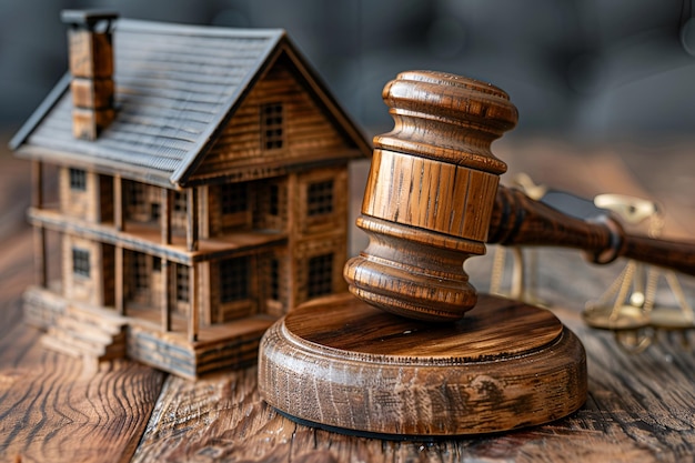 Photo photograph of wooden gavel and miniature house merging real estate with legal context in business s