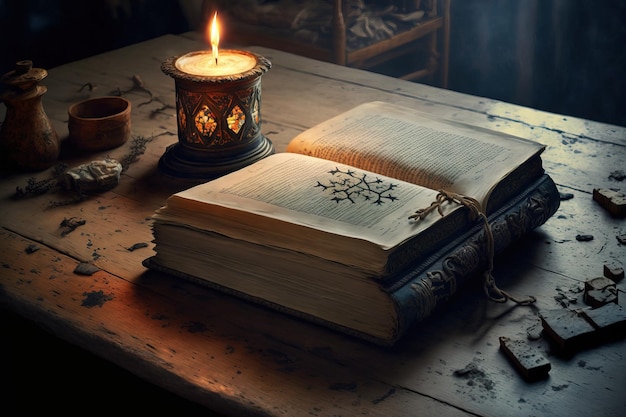 Photograph of a wooden table with a vintage book open on it