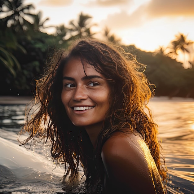 Photograph of a young brownskinned girl with wavy hair bathing in the sea It is an exotic place