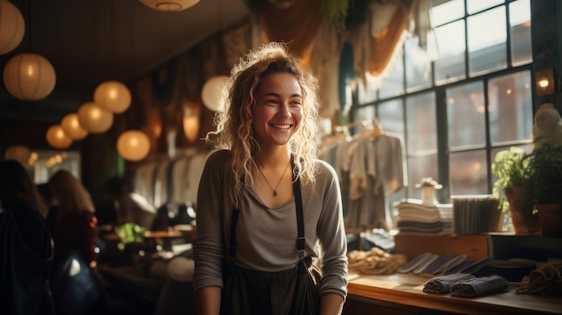 photograph of Young clothing store owner using a laptop in her shop