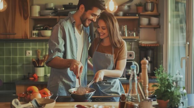 Photo photograph of a young couple in love enjoying cooking in the kitchen together at home