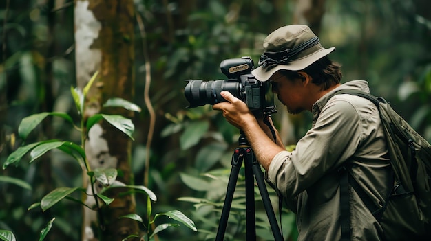 A photographer captures the beauty of the rainforest using a camera and tripod