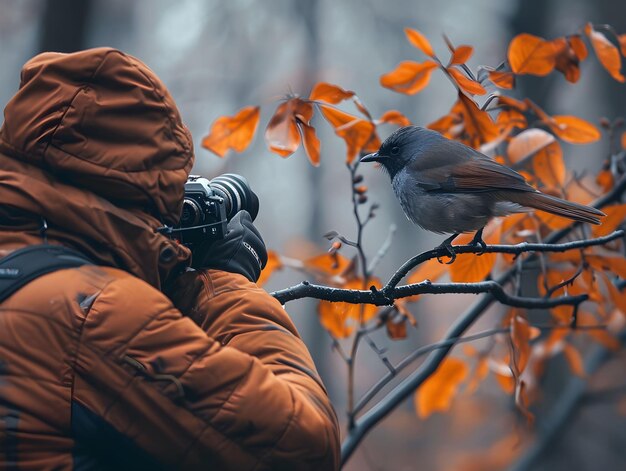 Photo a photographer captures a bird perched on a branch among autumn leaves in a tranquil forest