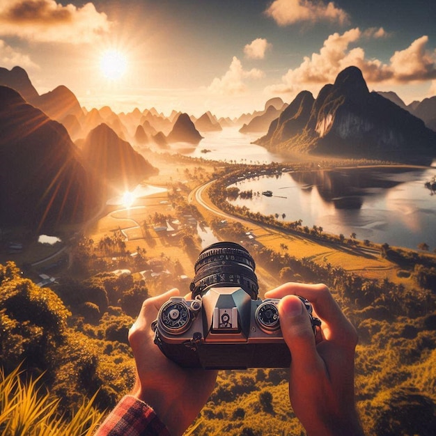 Photo photographer captures landscape with vintage camera