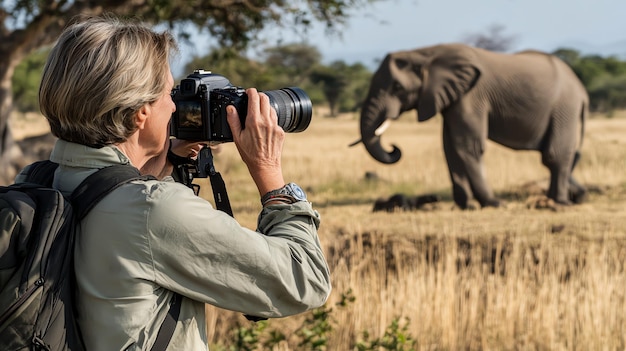 Photo a photographer captures a moment with a majestic elephant in the wild