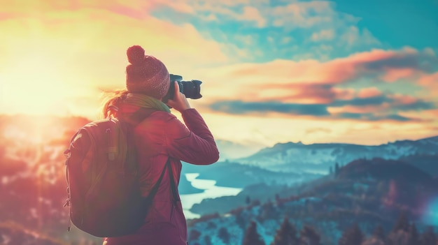 Photo a photographer captures a stunning sunset view in the mountains surrounded by natures beauty and vibrant colors