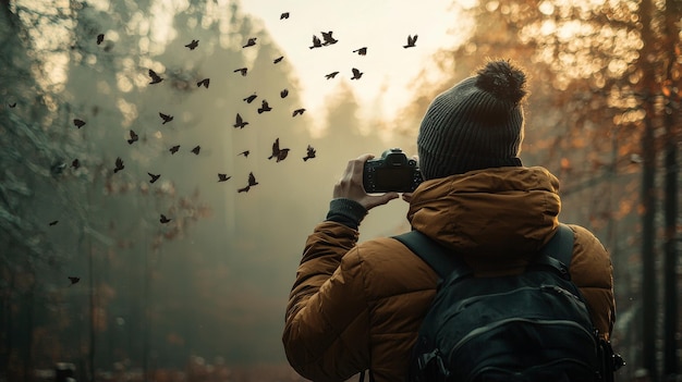 Photographer Capturing Birds in Flight in Forest at Sunset