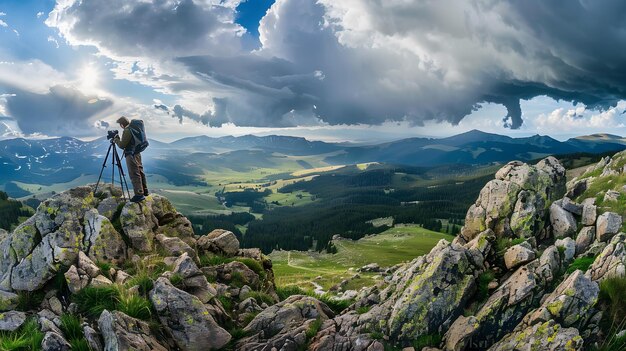 Photo photographer capturing breathtaking mountain landscape