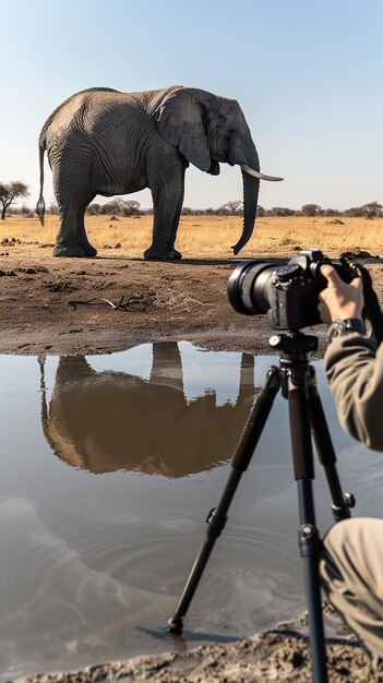 Photo photographer capturing an elephant by the waterhole