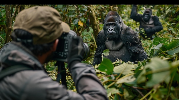 Photo photographer capturing a family of gorillas in the forest