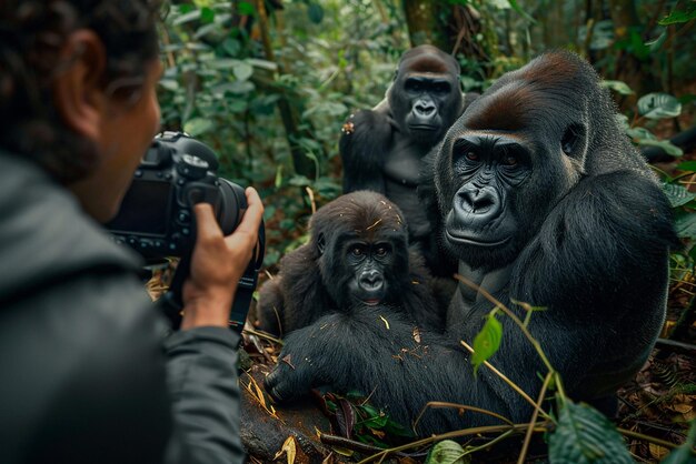 Photographer Capturing a Family of Gorillas in the Forest