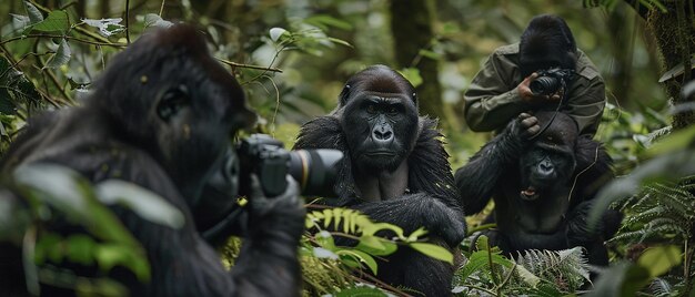 Photographer Capturing a Family of Gorillas in the Forest