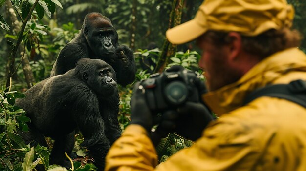 Photographer Capturing a Family of Gorillas in the Forest