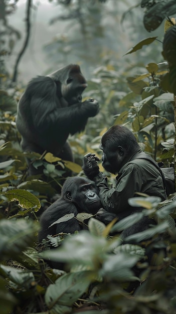 Photo photographer capturing a family of gorillas in the forest