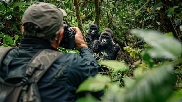 Photographer Capturing a Family of Gorillas in the Forest