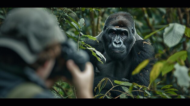 Photo photographer capturing a family of gorillas in the forest