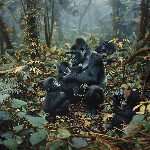 Photo photographer capturing a family of gorillas in the forest