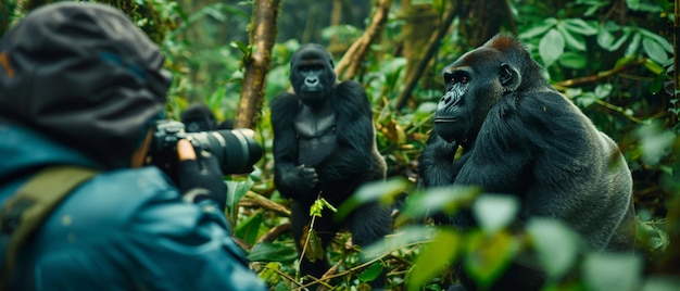 Photographer Capturing a Family of Gorillas in the Forest