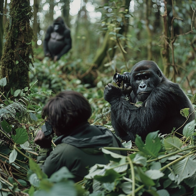 Photo photographer capturing a family of gorillas in the forest