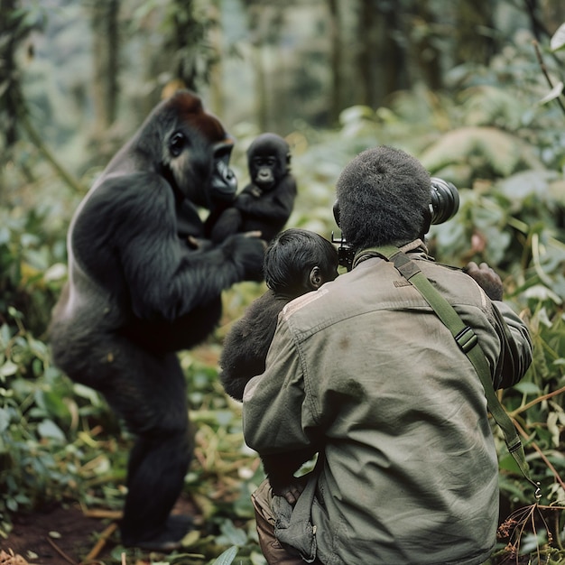 Photo photographer capturing a family of gorillas in the forest