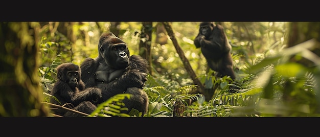 Photo photographer capturing a family of gorillas in the forest