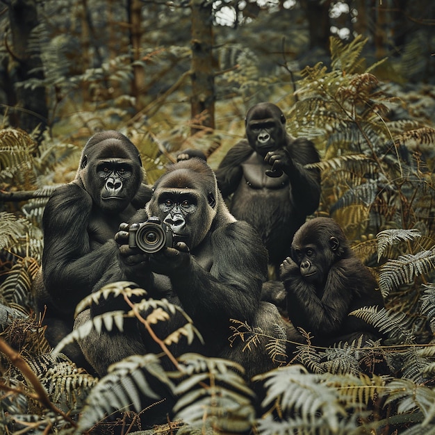 Photo photographer capturing a family of gorillas in the forest