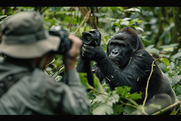 Photographer Capturing a Family of Gorillas in the Forest