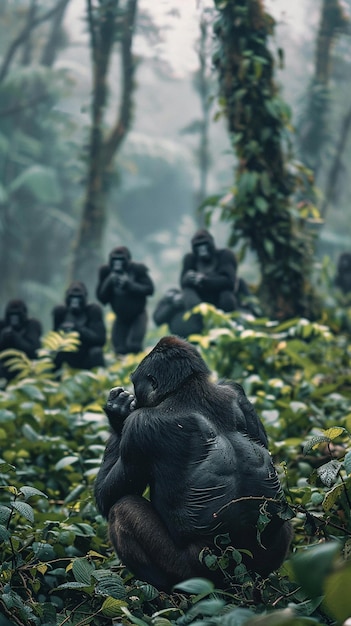 Photo photographer capturing a family of gorillas in the forest